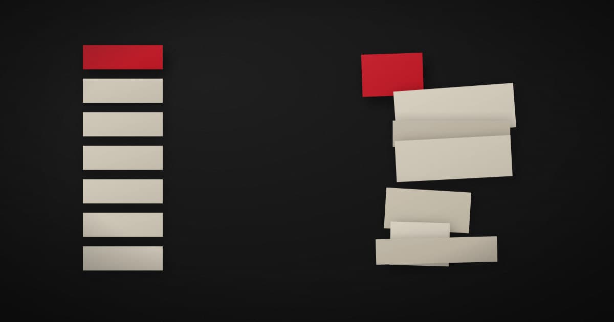 Two separate columns of pale paper cards on a dark surface, one column evenly repeating and one irregular, with a crimson card at the head of each