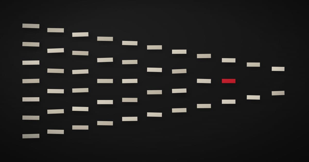 A funnel of pale paper strips narrowing across a dark surface, with one strip picked out in crimson before the narrowest point